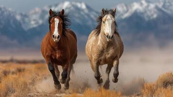 Wild horses galloping across desert landscape with mountains in the background during daylight photo