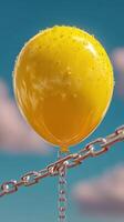 Bright yellow balloon with droplets suspended by chain against blue sky with clouds photo