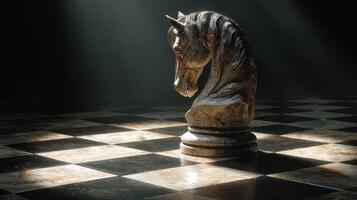 Intricate marble chess knight gleams under soft light on checkerboard surface photo