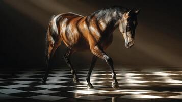 Majestic horse walking across a checkered floor bathed in soft light photo