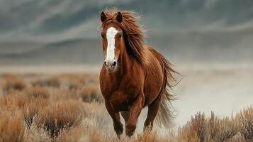 Majestic wild horse galloping through the dusty plains at sunrise in a tranquil wilderness setting photo