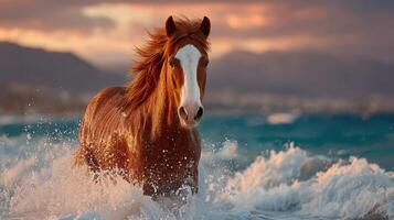 Horse runs through waves at sunset on a beach with mountains in the background photo