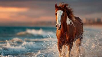 Horse galloping along the shoreline during sunset, splashing through the waves at the beach photo