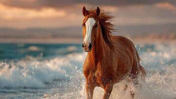 Brown horse runs through waves on a beach during sunset with vibrant colors in the sky photo
