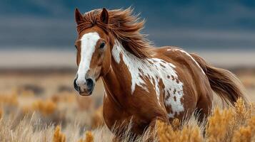 Wild horse galloping through golden grasslands in a serene landscape during sunset hours photo