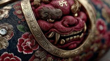 Intricate details of a traditional Japanese lion dance mask with floral patterns and ornate designs displayed in cultural celebration photo