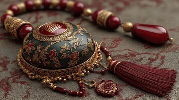 Intricate traditional jewelry piece with floral design and rich colors displayed against a textured background photo