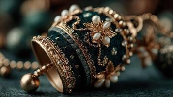 Ornate decorative bell with intricate design and pearl accents captured in a soft-focused setting photo