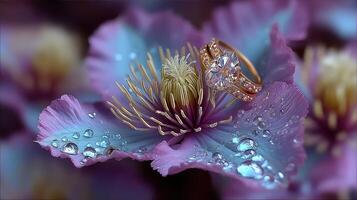 Beautiful engagement ring resting on a vibrant flower with water droplets in a serene setting photo