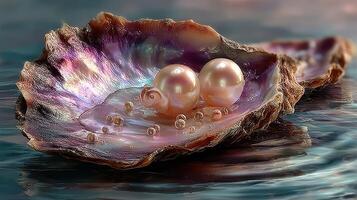 Beautiful iridescent oyster shell with pearls resting on calm water surface during sunset photo