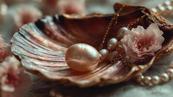 Elegant pearl necklace displayed on a seashell with delicate flowers on a textured surface in soft lighting photo