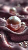Elegant pink pearl rests on soft satin fabric with delicate smaller pearls scattered around in soft lighting photo