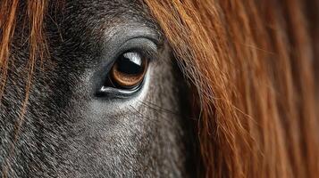 Close-up view of a horse's eye highlighting its striking features in soft light photo