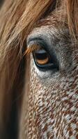 Close-up view of a horse's eye revealing intricate patterns and rich colors at a serene stable during the afternoon photo