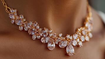 Elegant crystal necklace displayed on a model's neck during a fashion event in the afternoon sun photo