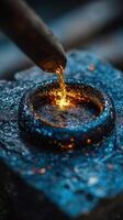 Metal casting process capturing molten gold being poured into a circular mold in a workshop photo