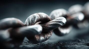 Close-up of a weathered metal chain resting on a dark surface highlighting texture and strength photo