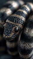 Intricate design of a snake adorned with decorative gems and shiny textures in a close-up view photo