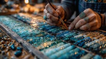 Crafting intricate jewelry with blue gemstones in a bustling artisan workshop at sunset photo