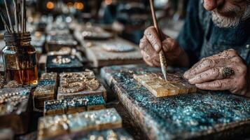 Crafting intricate jewelry in a bustling artisan workshop during the late afternoon glow photo