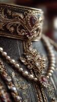 Intricate gold necklace and jewelry adorned on traditional attire showcasing cultural heritage and craftsmanship photo