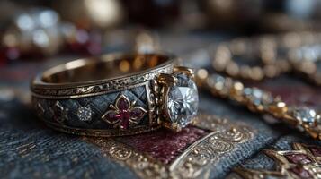 Elegant gold ring with large diamond and intricate detailing on display among vintage jewelry pieces photo