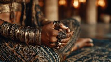 Detailed close-up of hands adorned with intricate jewelry, showcasing cultural heritage in an ornate setting during evening light photo