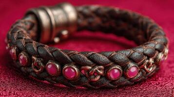 Unique leather bracelet design featuring intricate braided patterns and red gemstones suitable for casual or formal occasions photo