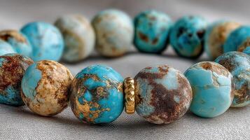 Beautiful handcrafted turquoise bead bracelet displayed on a textured surface with natural earthy tones photo