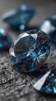 Stunning blue gemstone shines with brilliance and intricate facets against a textured background photo
