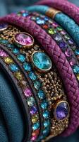Colorful and stylish bracelets with crystals displayed on a textured surface photo