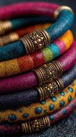 Colorful handcrafted bracelets arranged in a stylish display showcasing intricate designs and vibrant hues photo