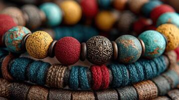 Colorful handmade beads showcase unique textures and designs in a close-up arrangement photo