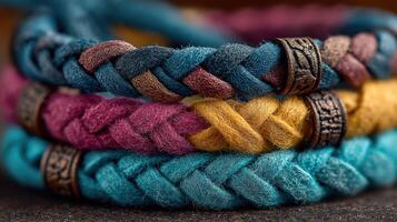 Colorful braided bracelets displayed in layers showcasing intricate design and texture photo