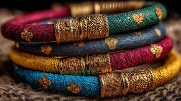 Colorful handmade bracelets displayed on a textured surface with intricate golden details at an artisan market photo