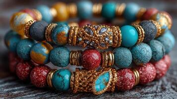 Colorful handmade beaded bracelets featuring turquoise, red stone, and golden accents on a textured wooden surface photo