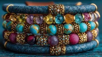 Colorful handmade bracelets displayed on a wooden surface in natural light during midday photo