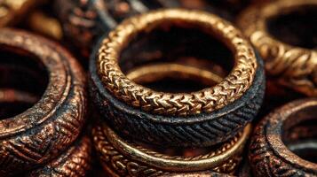 Collection of ornate rings showcasing intricate designs and textures on display in a jewelry store photo