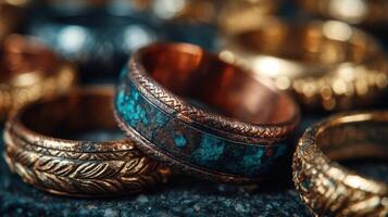 Intricate vintage rings displayed on textured surface showcasing unique designs and tones photo