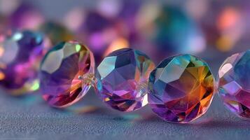 Colorful crystal beads reflecting light in a close-up view showcasing vibrant hues and intricate designs photo