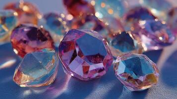 Colorful glass gems arranged artistically on a reflective surface under soft lighting photo
