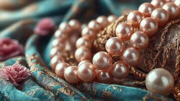 Elegant pearl necklace draped on a soft fabric with floral accents in a well-lit setting during daylight photo