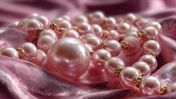 Beautiful pearl jewelry laid on soft pink fabric, creating an elegant and luxurious display for fashion enthusiasts and jewelers photo