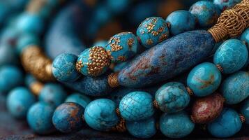 Beautiful turquoise beads with intricate detailing displayed on a textured surface in soft natural light photo
