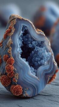Beautiful geode with intricate blue crystals and orange mineral formations displayed on a textured surface in soft lighting photo