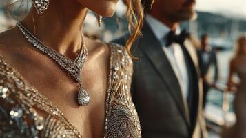 Elegant evening gala with fashionable guests adorned in shimmering attire at a waterfront location during sunset photo