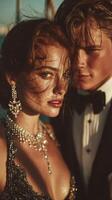 Elegant couple dressed for a formal event, captured during golden hour on a yacht by the water photo