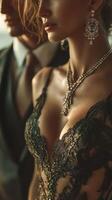 Elegant couple showcasing fashion in a sophisticated setting during a golden hour event photo