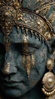 Intricate details of a serene sculpture depicting a divine figure with golden accents photo