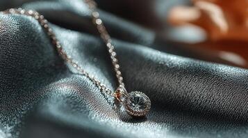 Sparkling necklace rests elegantly on soft satin fabric, showcasing intricate design and craftsmanship in natural light photo